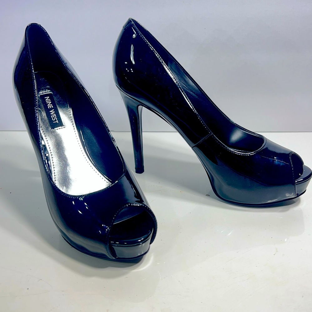 Nine West Glossy Black Peep Toe Heels